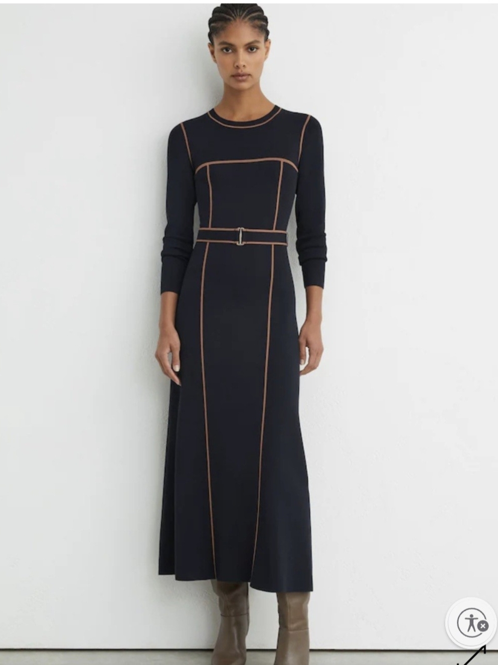 Reiss Navy Midi Dress with Tan Contrast Piping